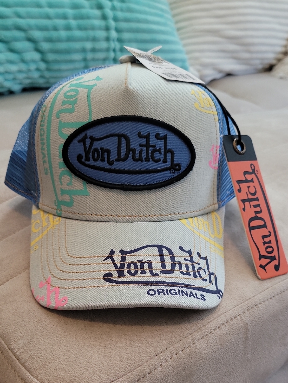 Von Dutch Light Blue Trucker Hat with Blue Mesh & Pastel Logo Accents